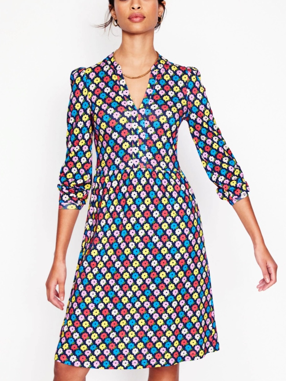 Boden Floral Print Naomi Relaxed Jersey‎ Long Sleeve V-Neck Fit & Flare Dress